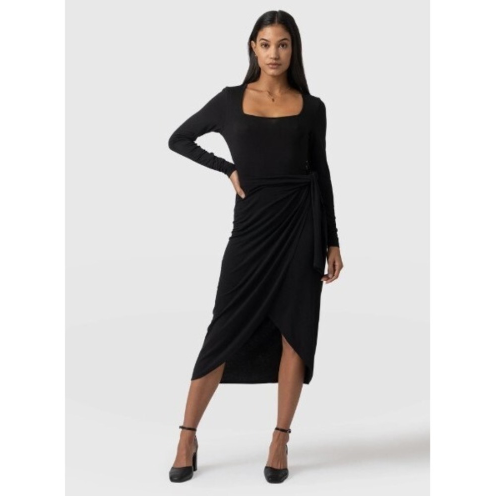 Saint + Sofia Amelia Wrap Dress Black Square Neck Long Sleeve Tulip Hem NWT Sz 8